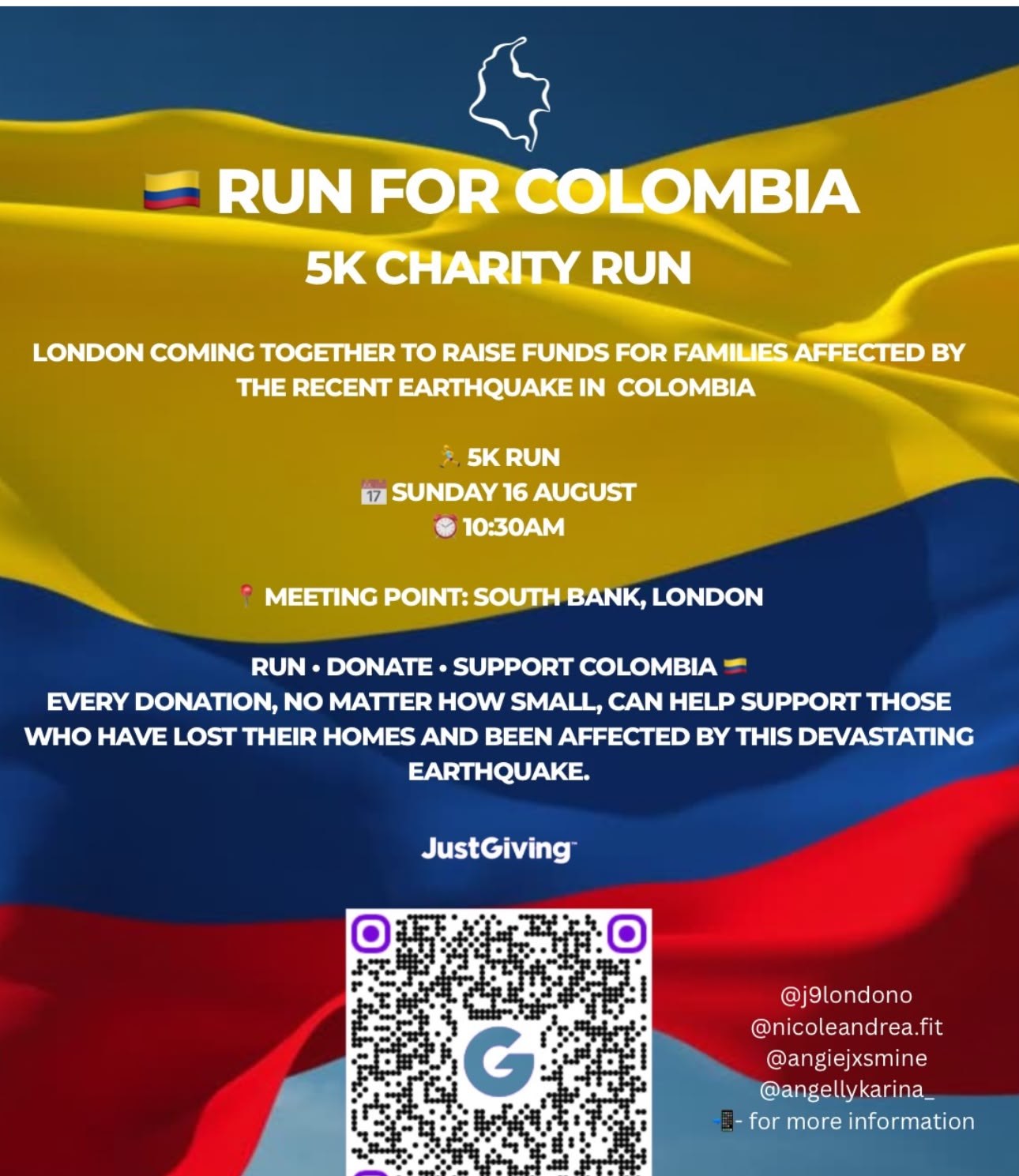 Pieza publicada por @j9londono, @nicoleandrea.fit, @angiejxsmine y @angellykarina_ para Run for Colombia — 5K Charity Run.