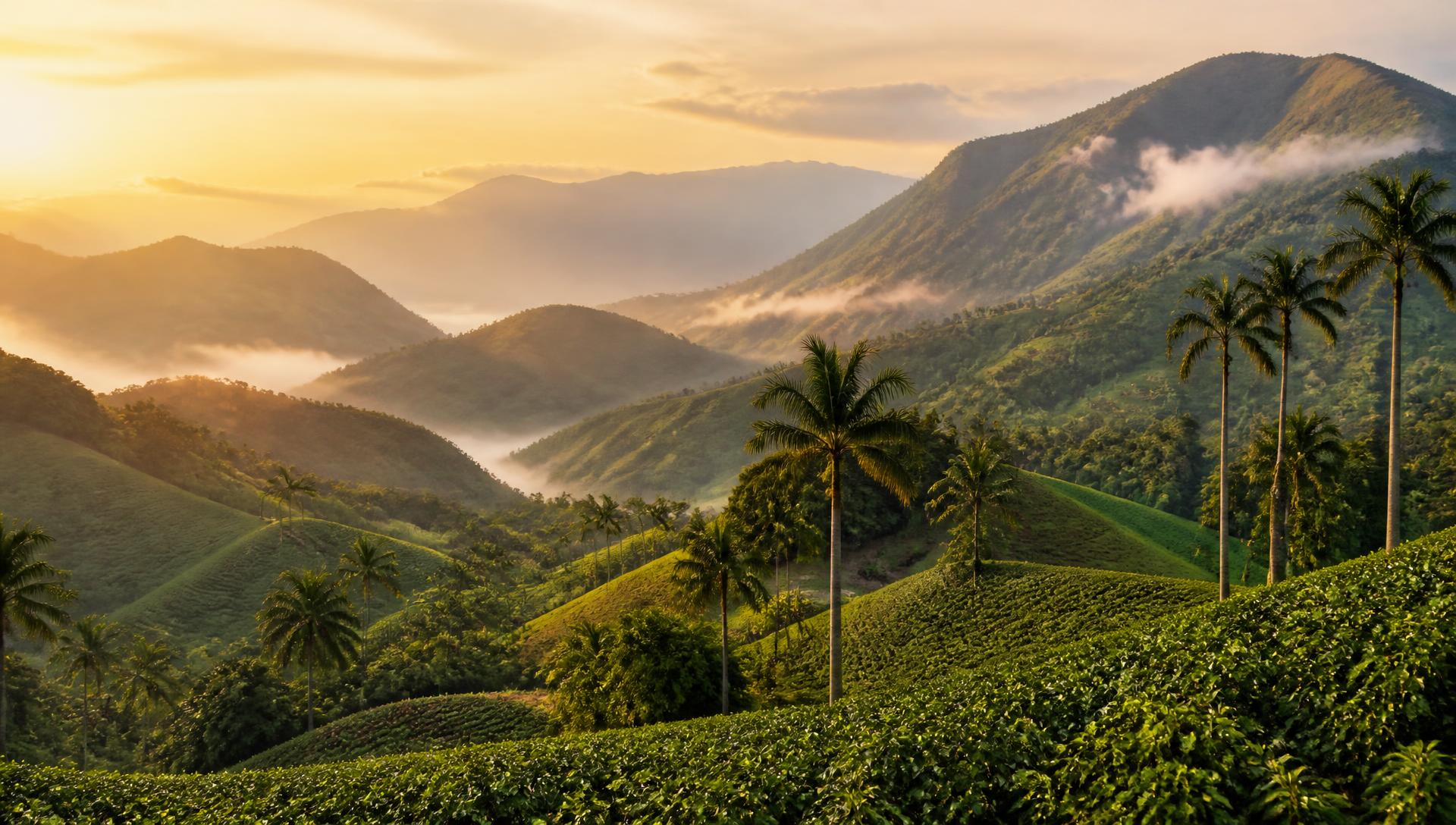 Ilustración de un paisaje colombiano al amanecer: montañas de los Andes, palmeras y niebla baja sobre el valle.